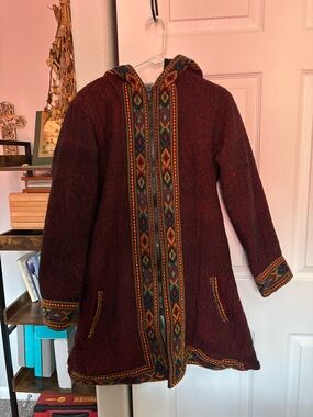 Hooded Maroon Embroidered Trim Trench Coat